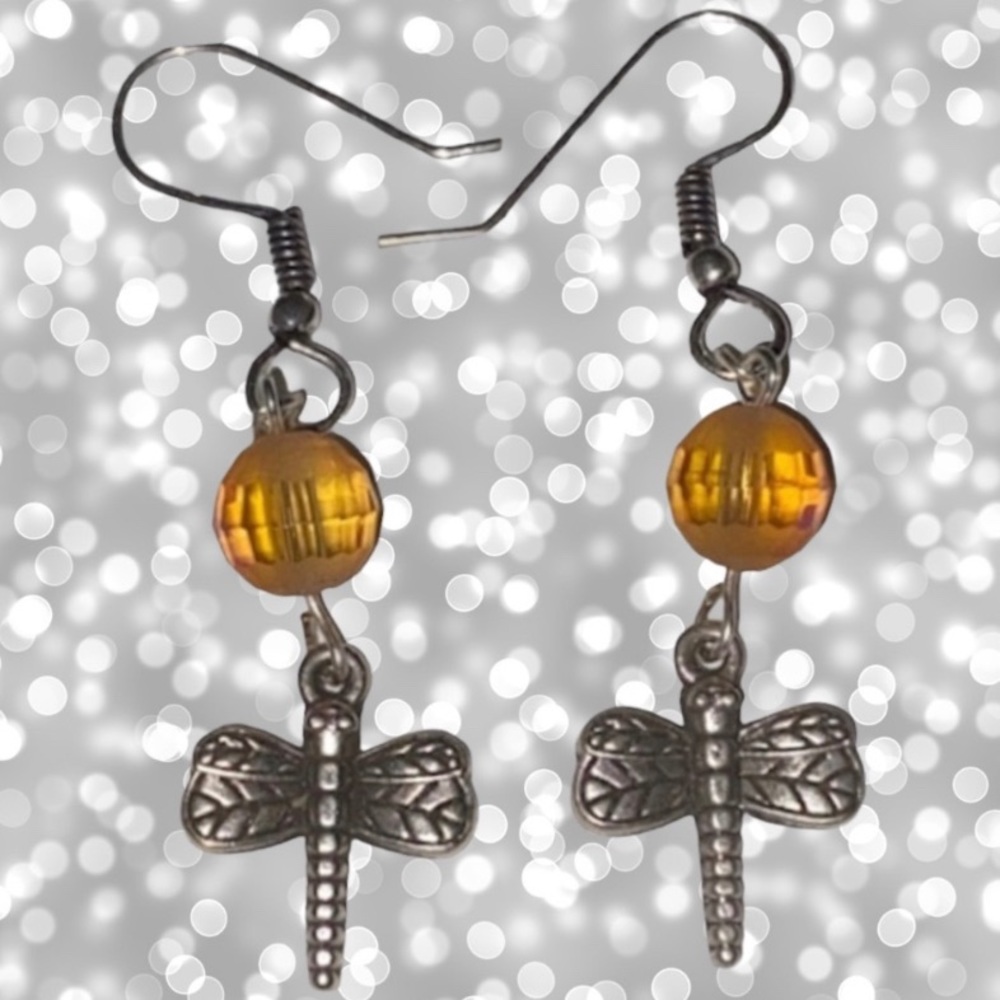 Hand Crafted Earrings Firefly Dragonfly Dangle Silver Pierced Long Faceted Bead - Picture 6 of 6
